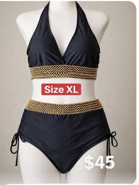 Black Halter Bikini Set with Gold Trim